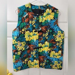 Women's Bold Bright Floral Pockets Sleeveless Button Vest M - Outdoor Warm Comfy